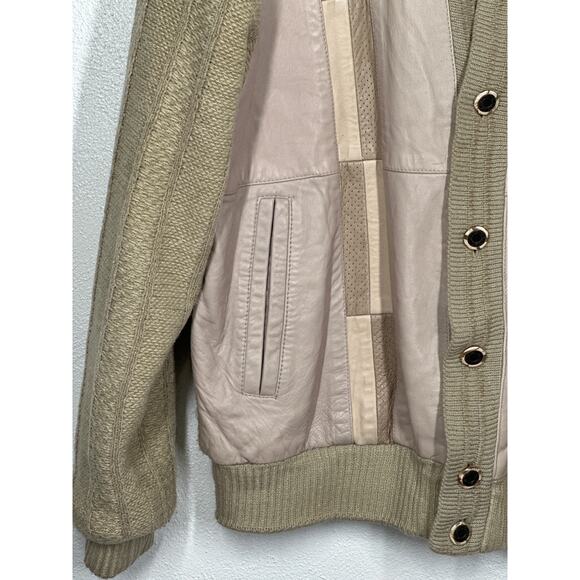 VTG SAXONY Leather Sweater Cardigan M Tan Color Block Dad Grandpa Aesthetic - Picture 3 of 16